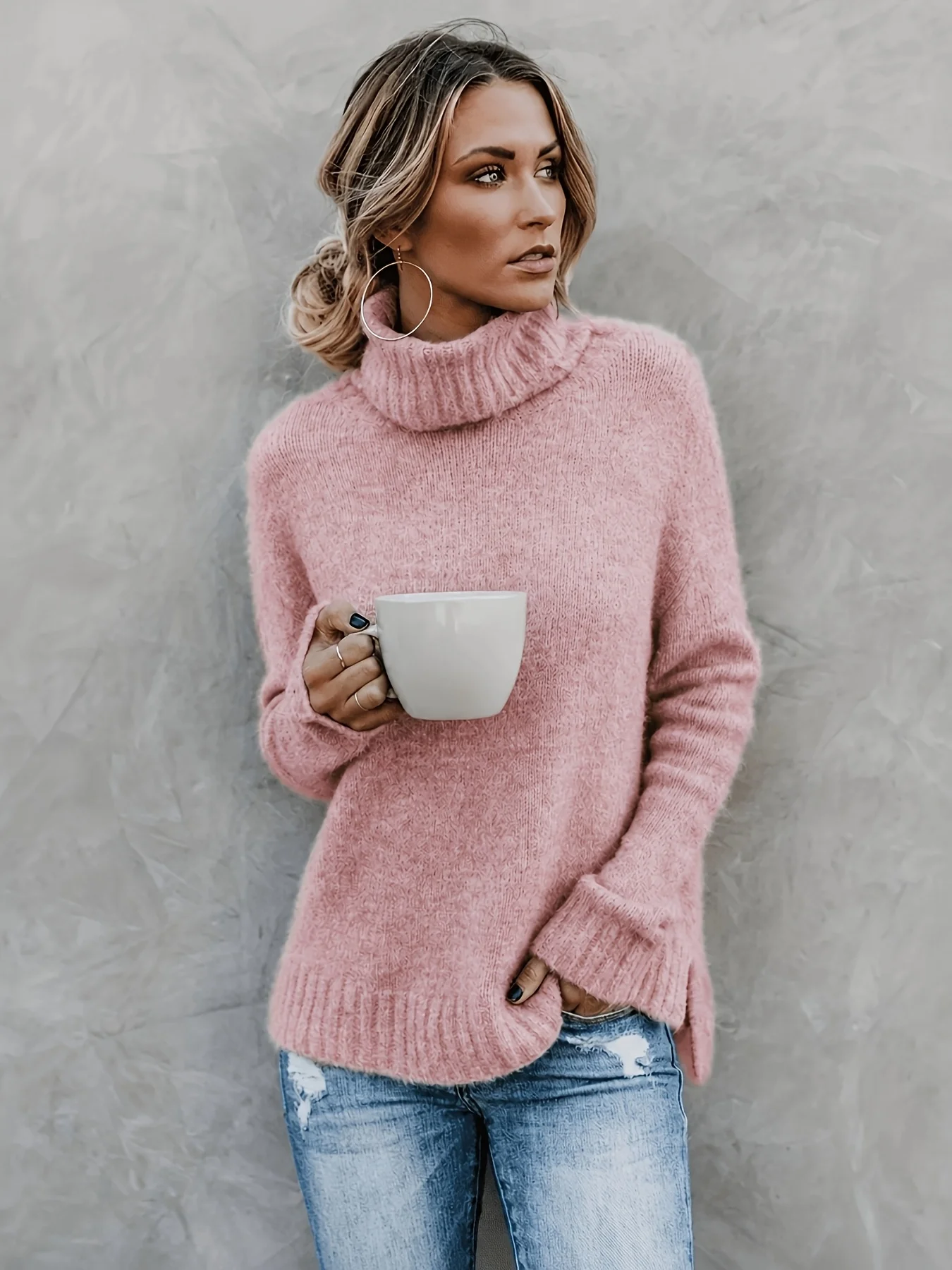 Women's Autumn Winter High-Neck Retro Versatile Casual Solid Color Long-Sleeved Sweater With Short Front And Long Back Slit.