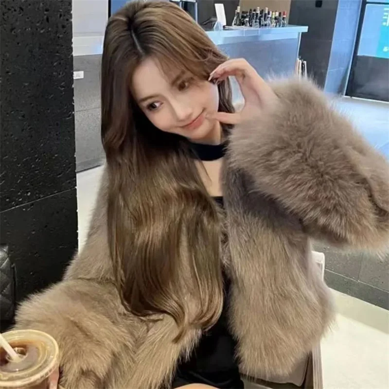 

Autumn Winter Ladies High-end Short Faux Fur Coat Korean Female Fashion Casual Plush Jacket 2025 Women Long Sleeves Fur Outwear