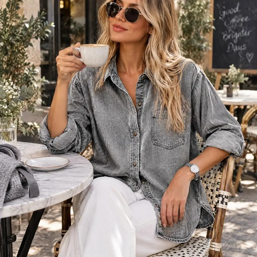 Travel Clothing Women Denim Shirt Jacket Lapel Long Sleeve Coat Button-down Loose Fit Tops Solid Color Autumn Outerwear Long