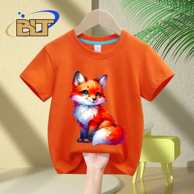 Watercolor Cute Fox print kids T-shirt summer children's cotton short-sleeved casual tops for boys and girls