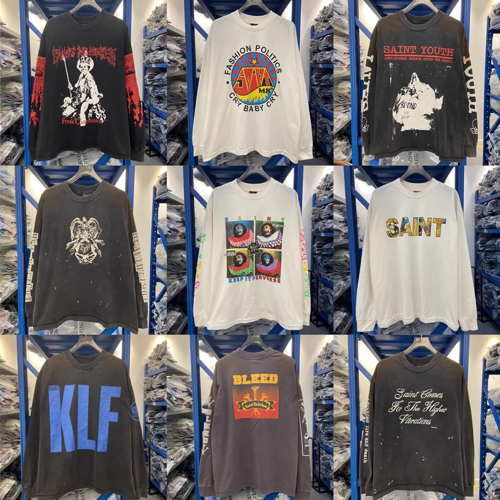 

2025fw LS TEE футболка с длинными рукавами SAINT для мужчин и женщин, футболки из стираной тяжелой ткани, футболки