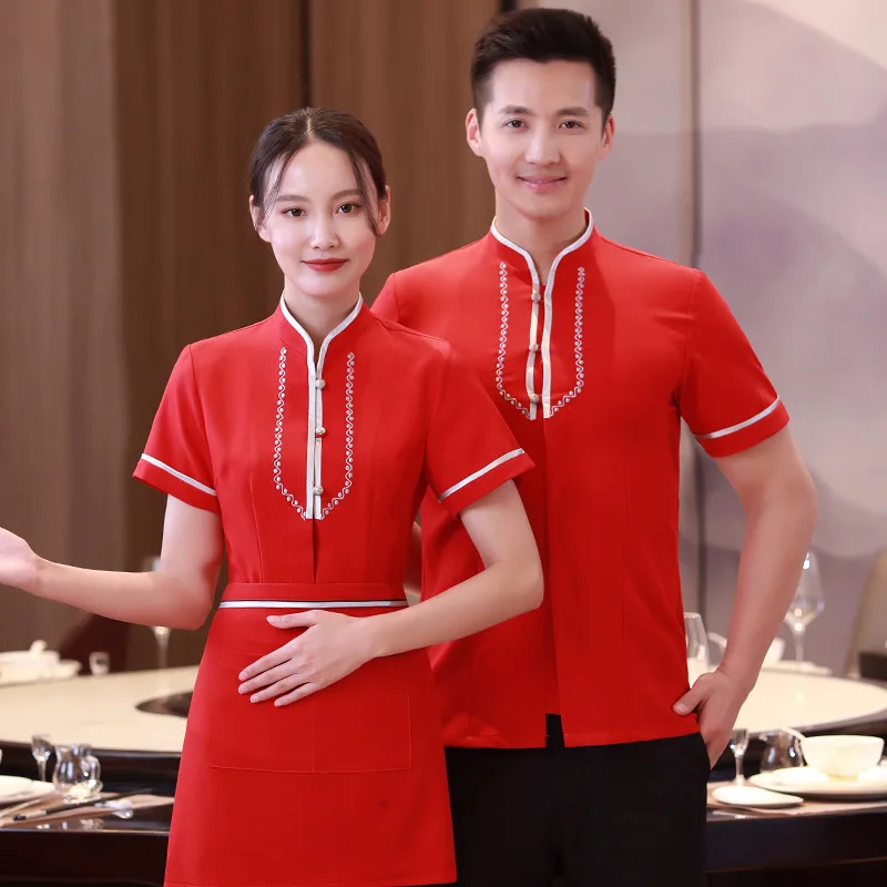 Hotel Catering Waiter Workwear Short Sleeve Women's Chinese Style Restaurant Ding Room Tea House Hot Pot Restaurant Summer Cloth