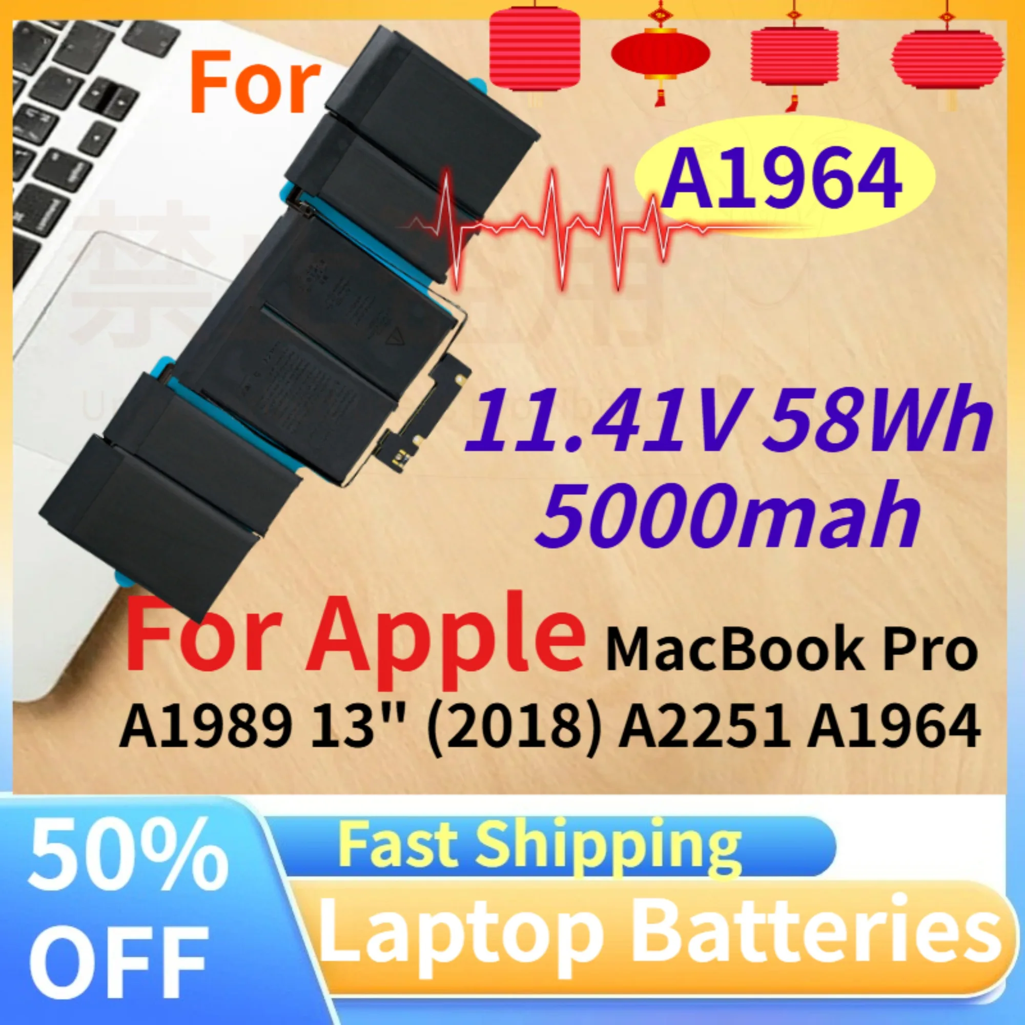 

A1964 58WH 5000mah 11.41V Laptop Battery for Apple MacBook Pro A1989 13" (2018) A2251 A1964 Compatible Battery