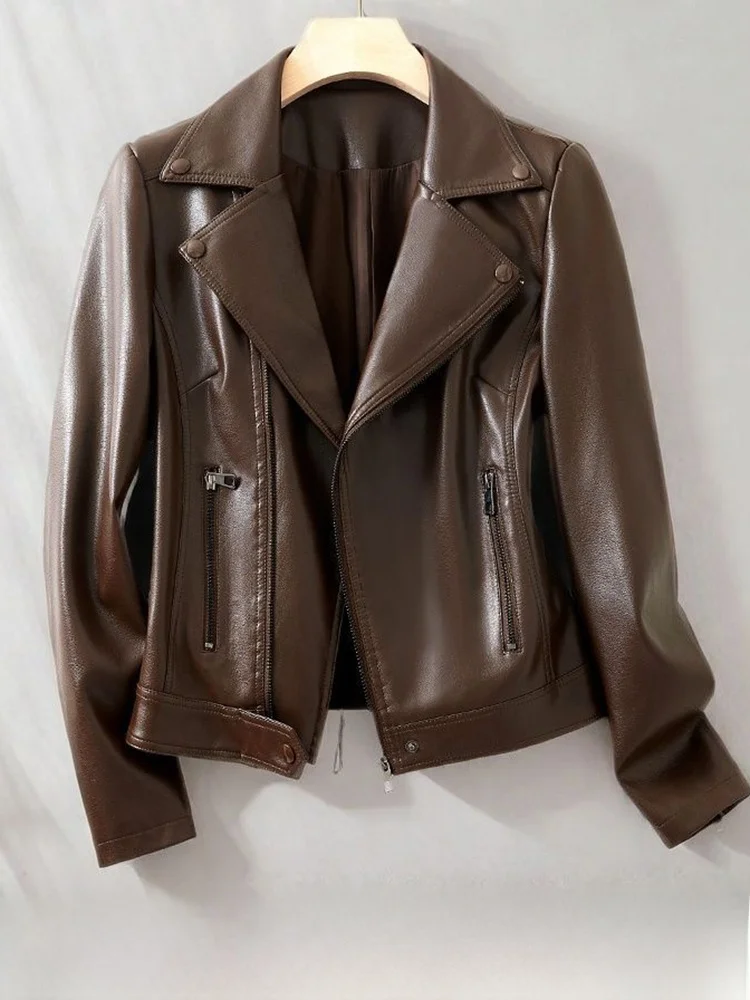 

Women's Slim Fit ort Leather Jaet eepskin Waist-Cinching Biker Sle Spring Autumn New Faion Versatile Chinese Brand