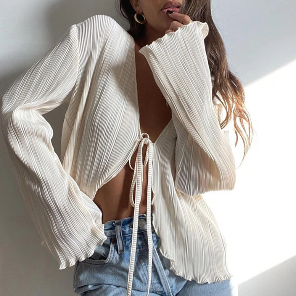 

Women's Blouses All Season Korean Elegant Design Fold Plain Long Sleeve V-Neck Daily Blouses