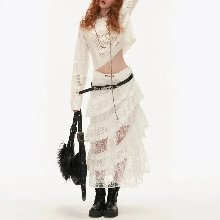 

2025 Irregular Lace Layered Skirt Fairycore Women Vintage Y2K Boho Aesthetic Fashion High Waist Mid Skirts Lady Holiday Skirts