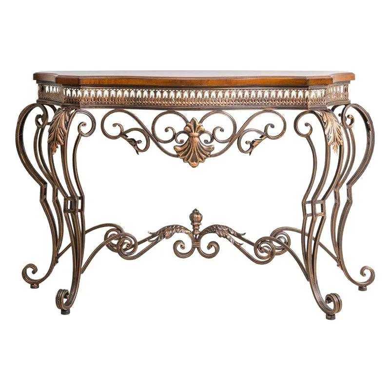 Retro entrance table, foyer wrought iron storage table, European solid wood small strip art semicircular entrance table