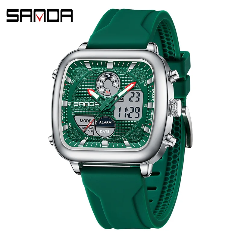 SANDA 9101Retro Square Double Display Electronic Watch Night Light Waterproof Business Leisure Men's Watch Trendy Sports Watch