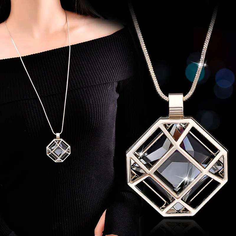 New Openwork Geometric Long Necklace for Women Crystal Bijoux Fashion Accessories Cut Gift