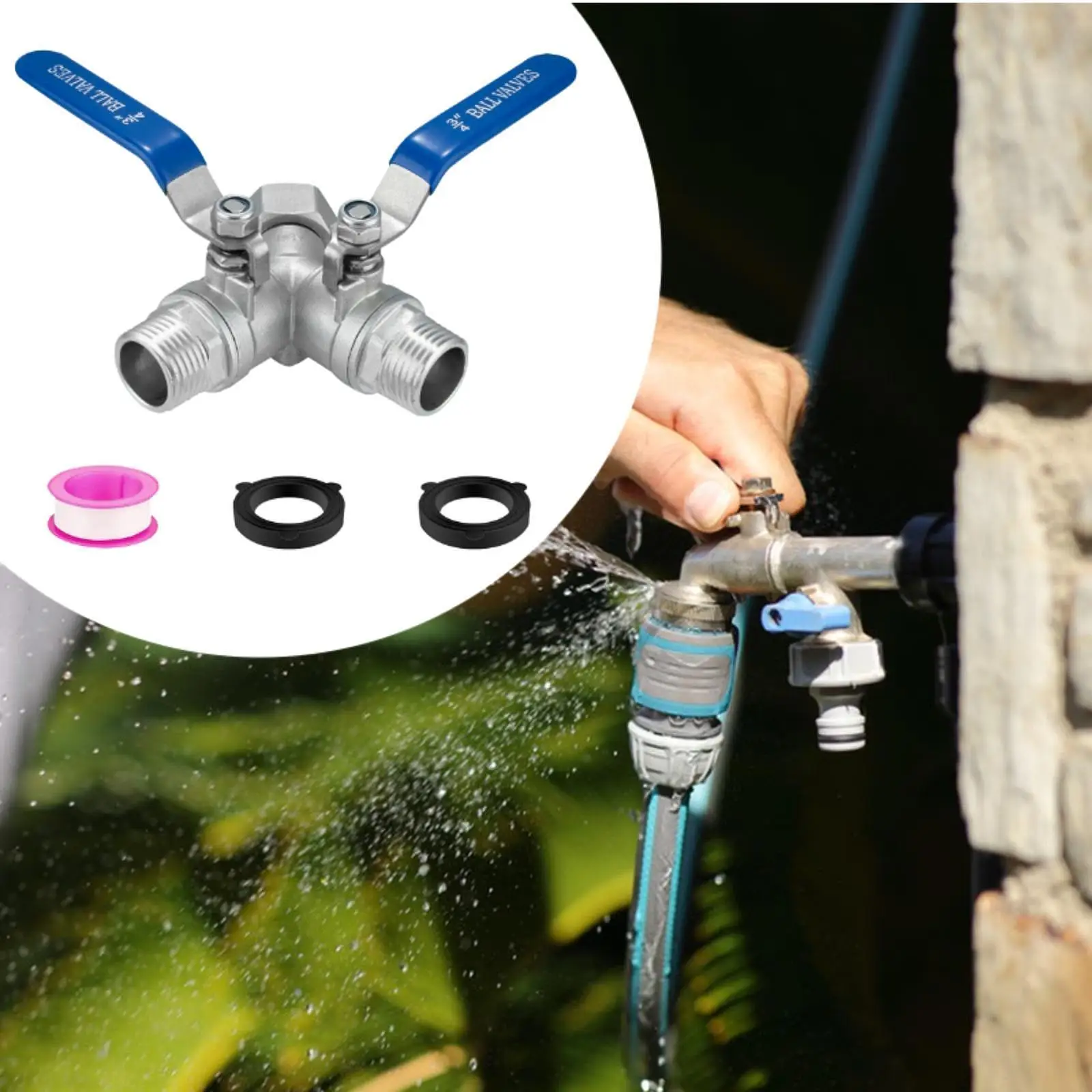 Garden Hose Splitter 2 Way Full Flow Y Valve Stainless Steel Connector for Watering Garden Hose Coupling