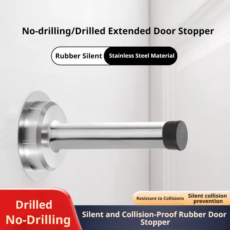 Stainless Steel Extended Punch-Free Door Stopper, Rubber Bumper Wall Protector for Bathroom Glass Door Anti-Collision