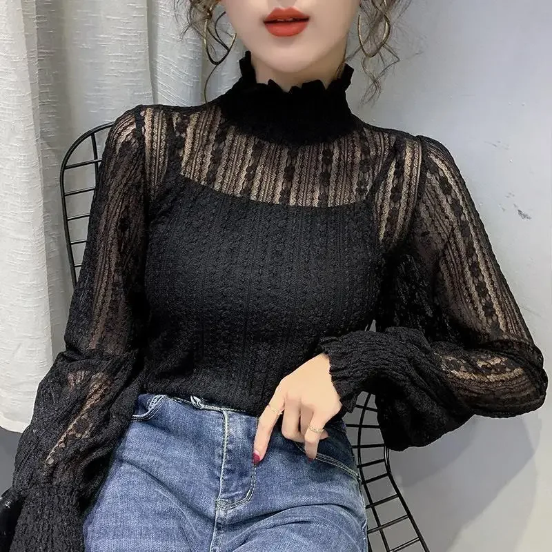 Women's Turtleneck Lace Autumn  Winter Long Sleeve Mesh Top Blouse Women Blusas Ropa De Mujer