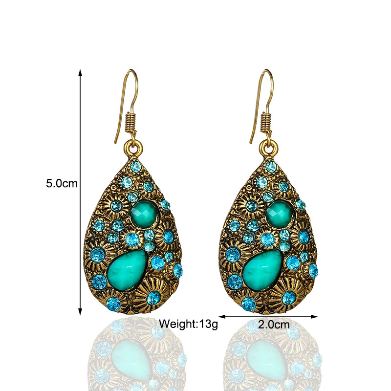 Ethnic Bohemian Vintage Crystal Rhinestone Acrylic Water Drop Dangle Earrings For Women Carved Antique Gold Color Boho Earrings