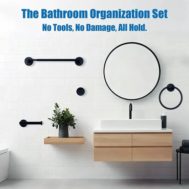 4-piece Stainless Steel Suction Cup Towel Bar Set No Drill Wall Mounted Towel Rack Towel Organizer Holder Punch-free
