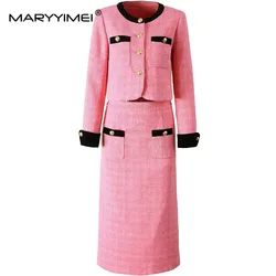 MARYYIMEI Fashion design Women's Suit Long-Sleeved Single Breasted Tops+Slim Straight Skirt pocket Solid Color 2 piece set