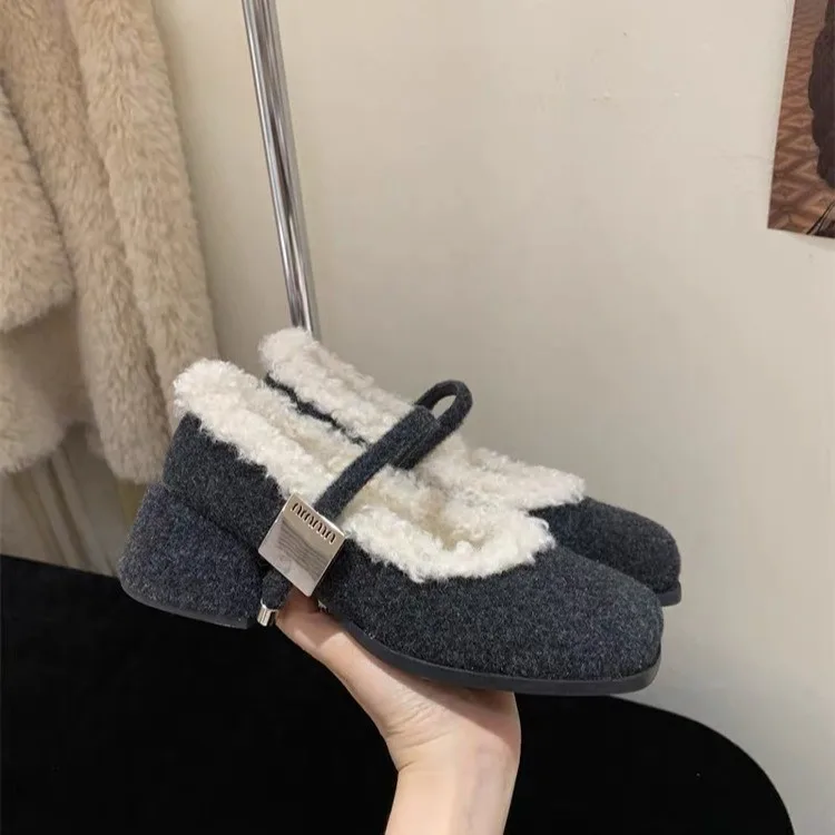 

Women's Square-Toe Flats 2026 New Autumn and Winter Shallow-Top High-Heel Chunky Shoes with Fleece Warm Mary Jane Shoes