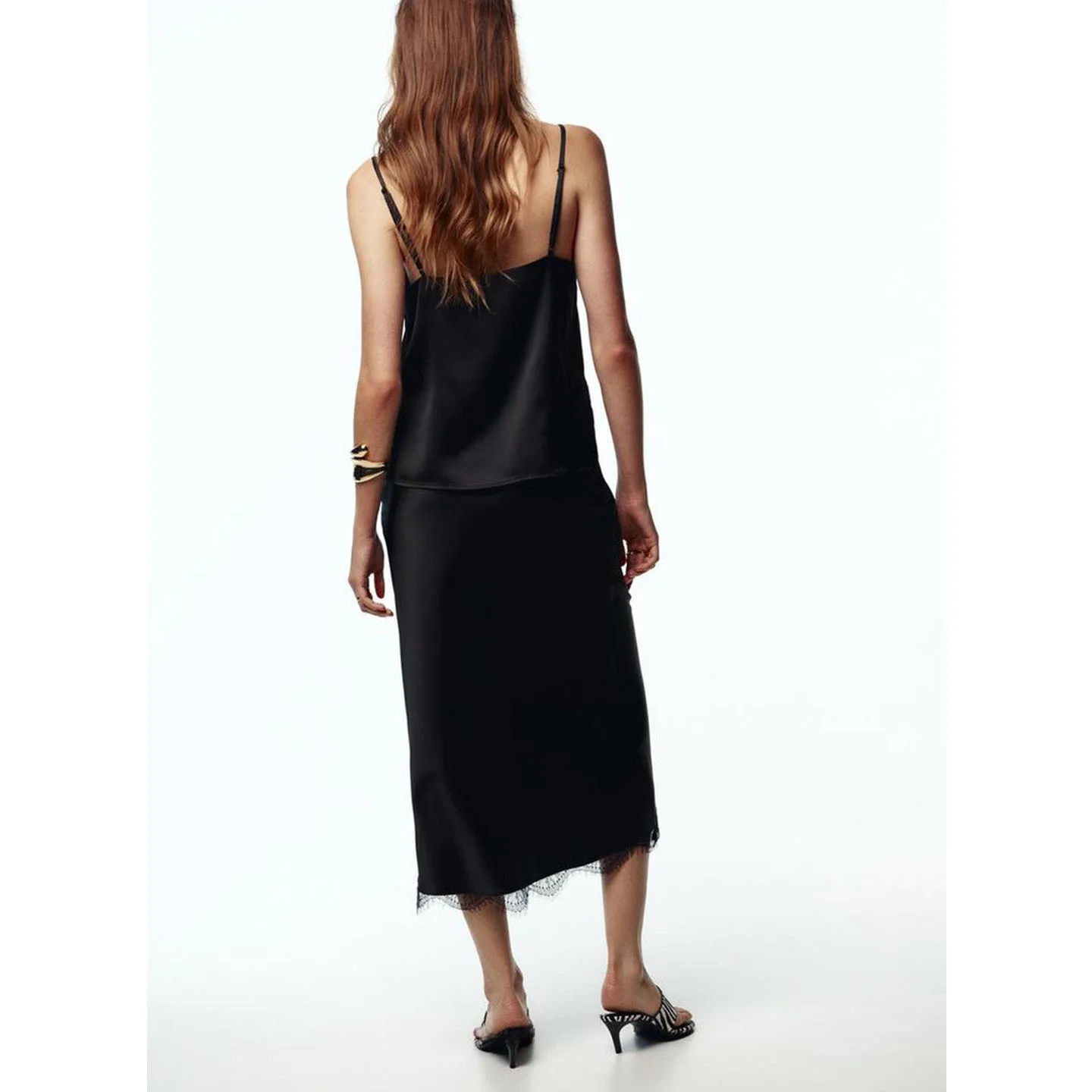 실크 새틴 질감 레이스 트림 테르 네 탑 미디 스커트 세트 캐주얼 슬레 A라인 좁은 스트랩 베스트 울트라 오트 길이 폴리에스터...