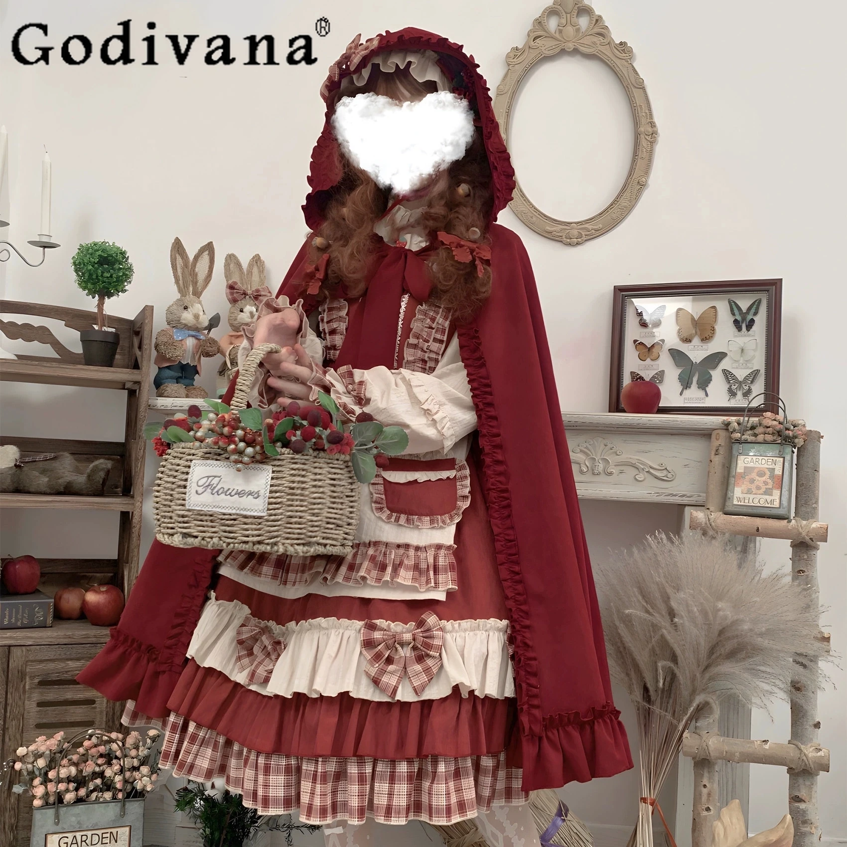 Sweet Lolita Girly Dress Bow Autumn Winter Ruffles Women Red Christmas Princess Dress