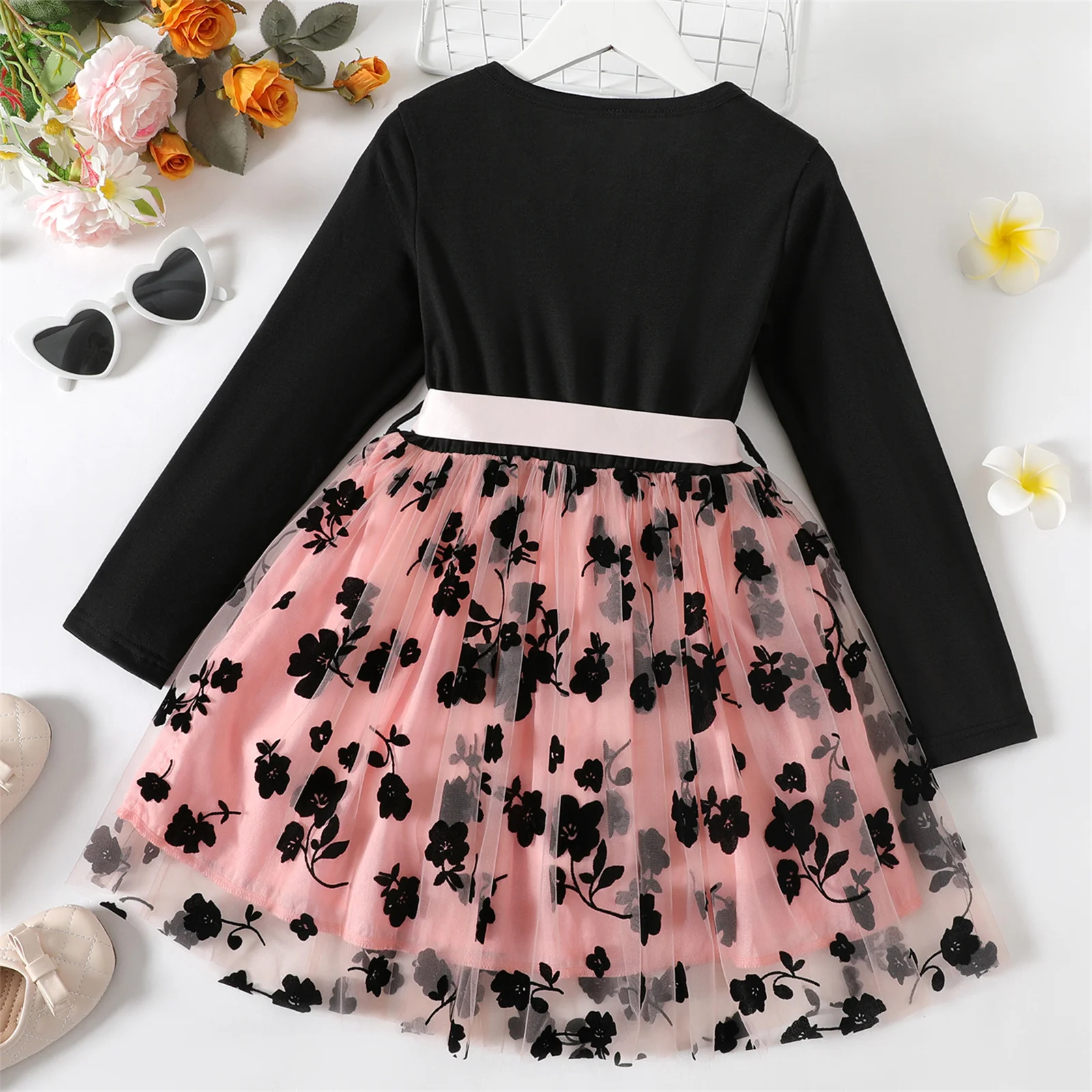 PatPat Kid Girl Dresses Floral Embroidered Belted Mesh Splice Long-sleeve Dress Kids Clothes