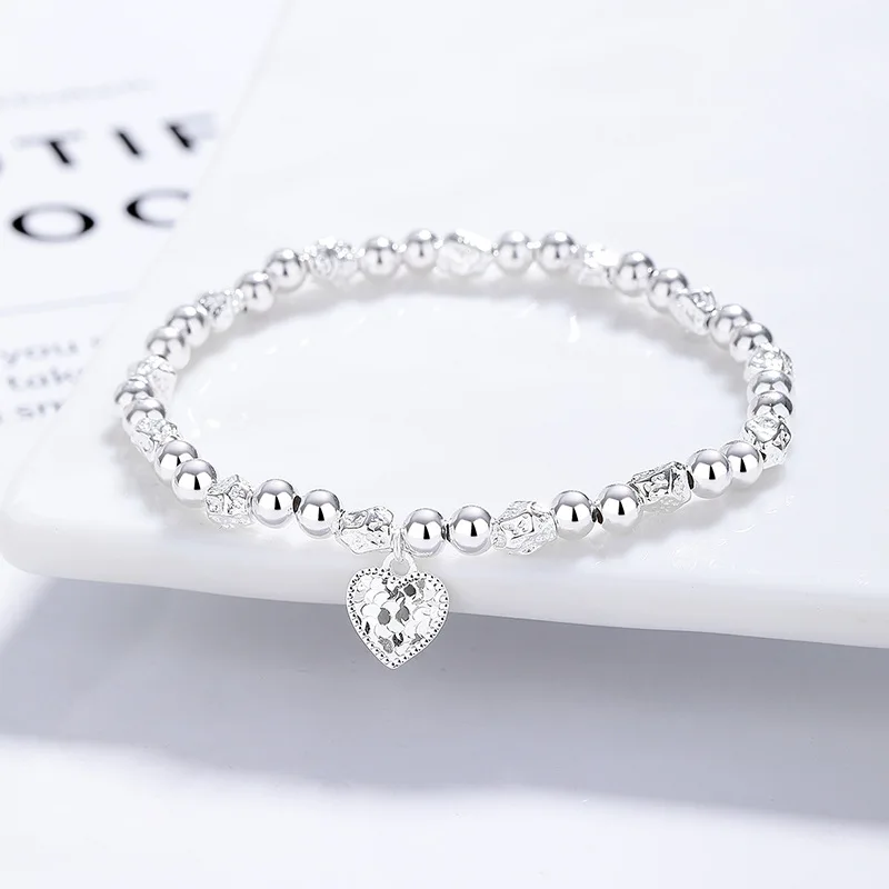 925 Sterling Silver Heart Pendant Beaded Bracelet for Women Elastic String Design Elegant Fashion Cute Birthday Gift for Girls