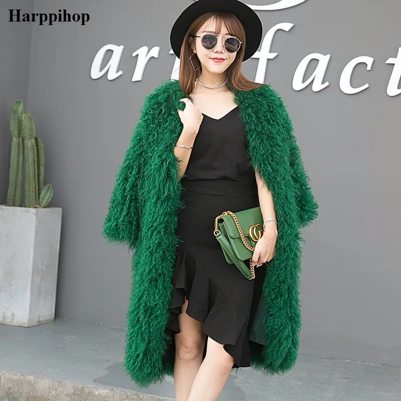Harppihop  knitted Mongolian sheep fur coat jacket overcoat Russian women winter warm fur coat outwear longer style  4 colors