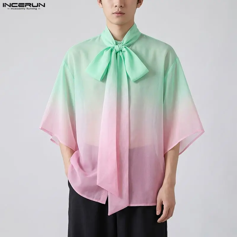 INCERUN Herrenhemd Tie-Dye Farbverlauf Schnürung Halbarm Herrenkleidung Sommer Locker Streetwear 2026 Mode Lässige Herrenkleidung S-5XL
