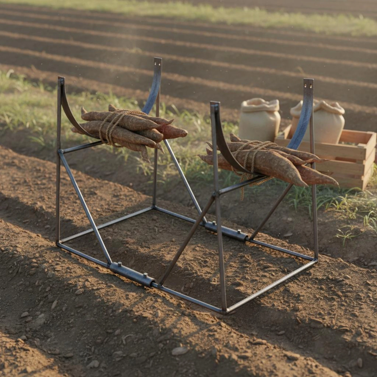 

Yam Bundling Rack Curved Cradle Arms Yam Stem Rack Farm Tool Welded Frame Silver-Gray Finish