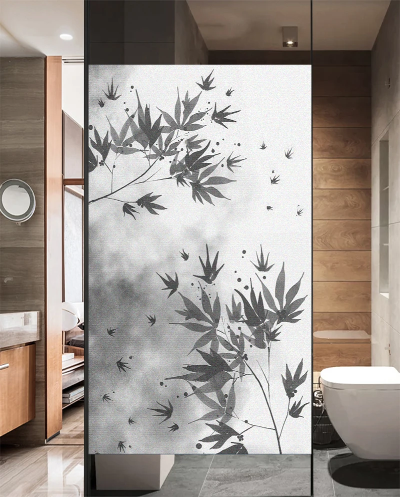 Window Film Privacy Frosted Glass Sticker Heat Insulation and Sunscreen Ink Painting-Leaves Decoration Adhesive sticker for Home