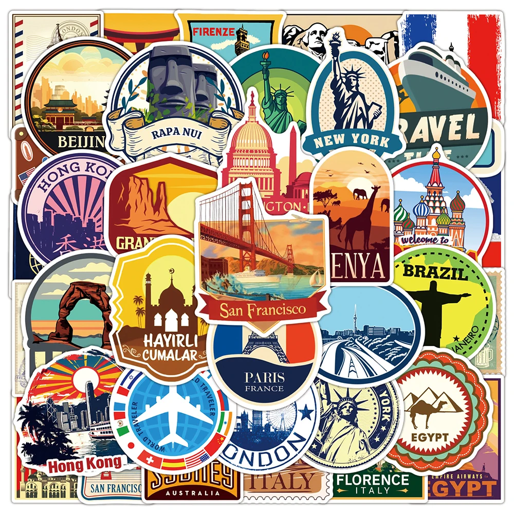 10/30/50pcs rétro monde célèbre bâtiment autocollants ville frappé voyage décalcomanie jouet bricolage cahier valise bagages Cool autocollant décor