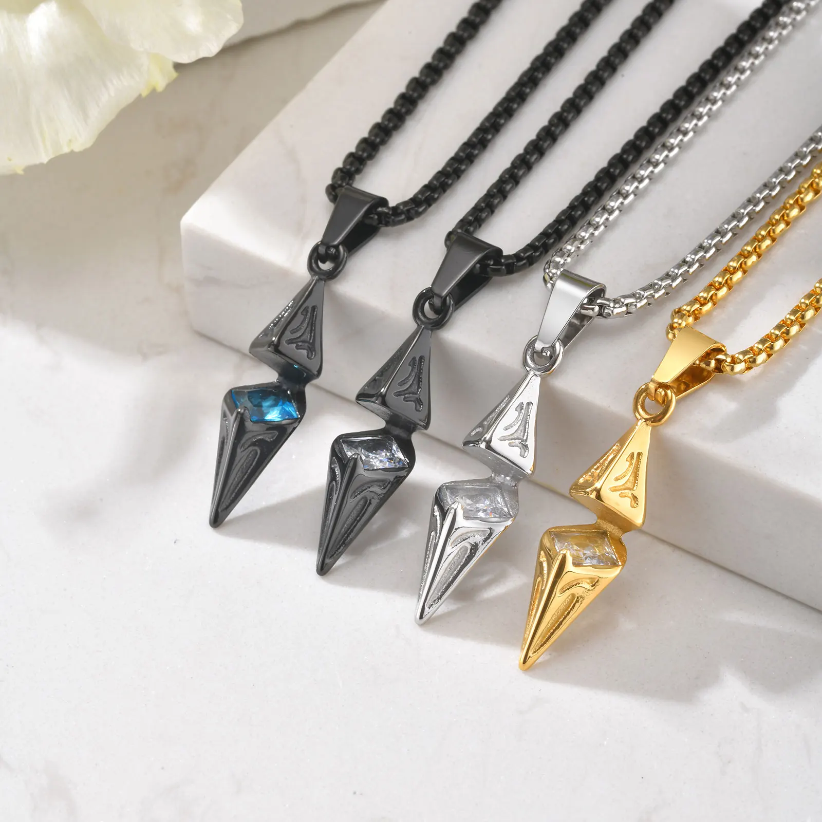 

For Men Stainless Steel Rhombus Zircon Pendant Necklace, Fashion Geometric Long Chain Necklace New In Punk Jewelry For Men Women