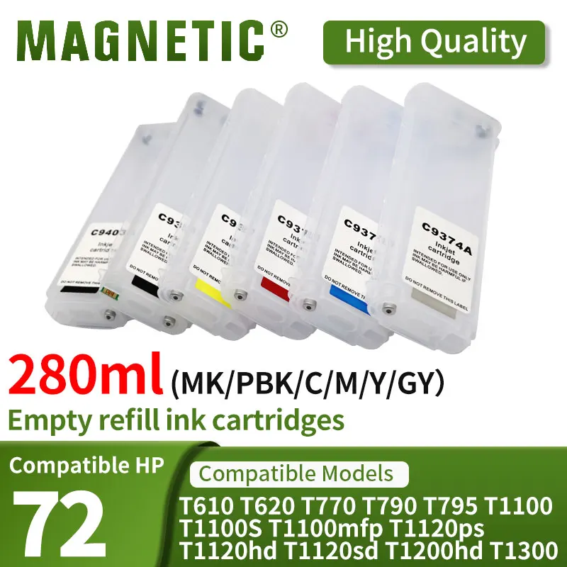 280ML 72 Refillable Ink Cartridge HP72 for HP Designjet T610 T620 T770 T790 T1100 T1120 T1200 T1300 T2300 Printer With ARC Chip