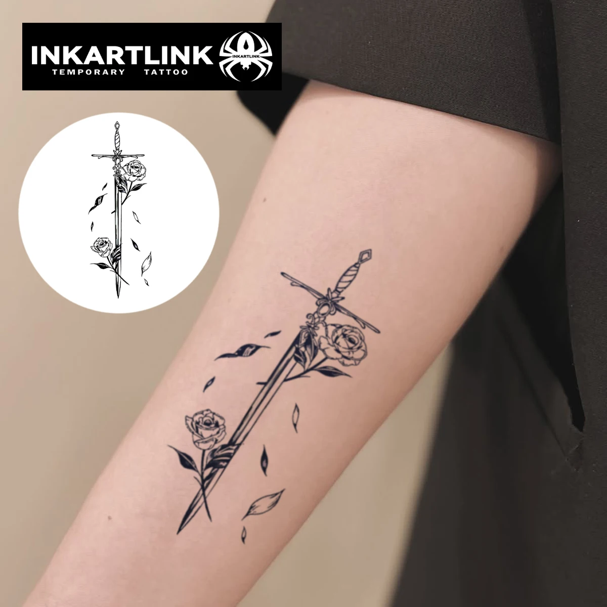 INKARTLINK Rose Sword Tattoo Patch 1-2 Weeks Long Lasting Spiral Sword Handle Blade Wrapping Waterproof Temporary Tattoo