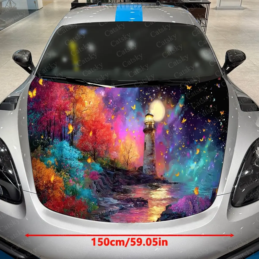 Starry Butterfly Lighthouse Car Vinyl Wrap, PVC Material Waterproof Car Hood Sticker, Self-Adhesive Scratch-Resistant Stickers f