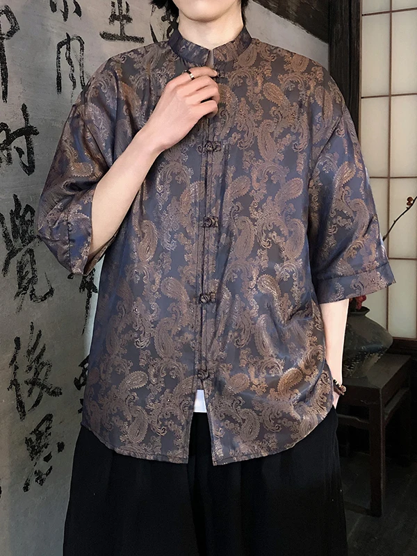 

New Chinese Style Ice Silk Short Sleeve Shirt Men's Floral Embroidery Button Hanfu Summer Large Size Men's Clothing