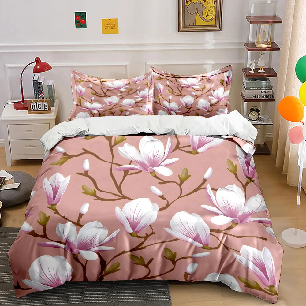 Elegant White Magnolia Pattern Duvet Cover Set Digital Print Colorful Polyester Bedding with Zipper Closur for kids gifts