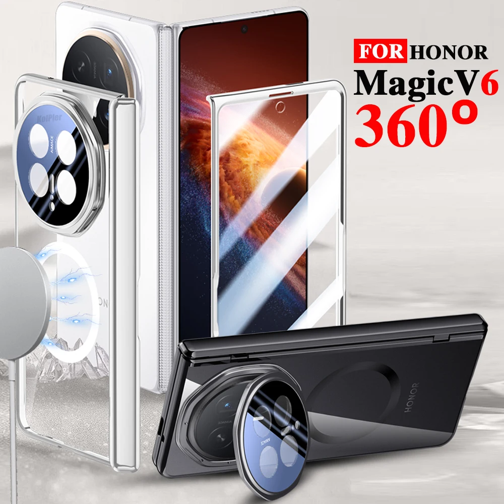 

Luxury Plating Clear Case For Honor Magic V6 5G 2025 Magnetic Alloy Lens Bracket Holder Transparent Hard Back Cover Casing