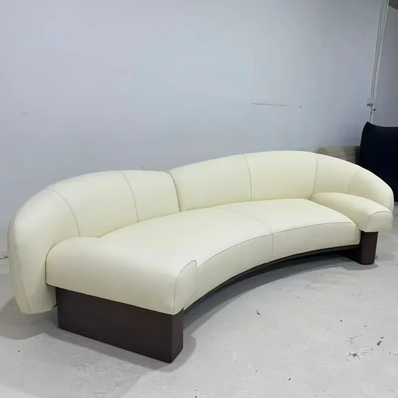 Modern Minimalist Genuine Leather Curved Sectional Wood Base Sofa Couch Living Room Sofas