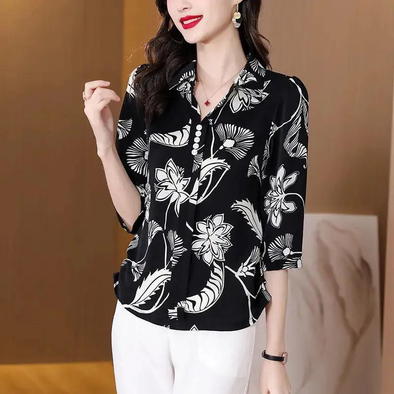 Women Print Korean Style Elegant Blouses Spring Summer Turn Down Collar 3/4 Sleeve Shirts Casual Slim Tops Blusa Mujer Moda 2023