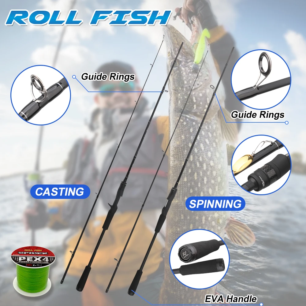

ROLLFISH Carbon Fiber SpinningCasting Fishing Rod Medium Power Fast Action Lightweight Freshwater Saltwater Fishing 100m PE Line