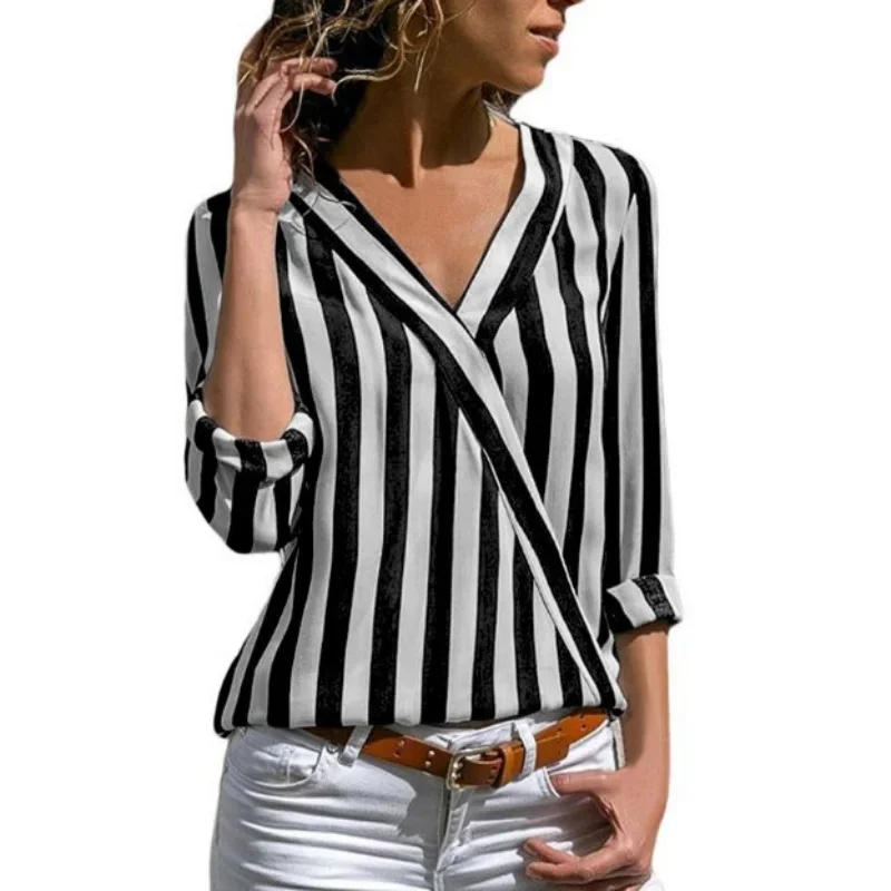 Women Spring Summer Style Blouses Shirts Lady Casual Long Sleeve V-Neck Striped Printed Blusas Tops DF4997