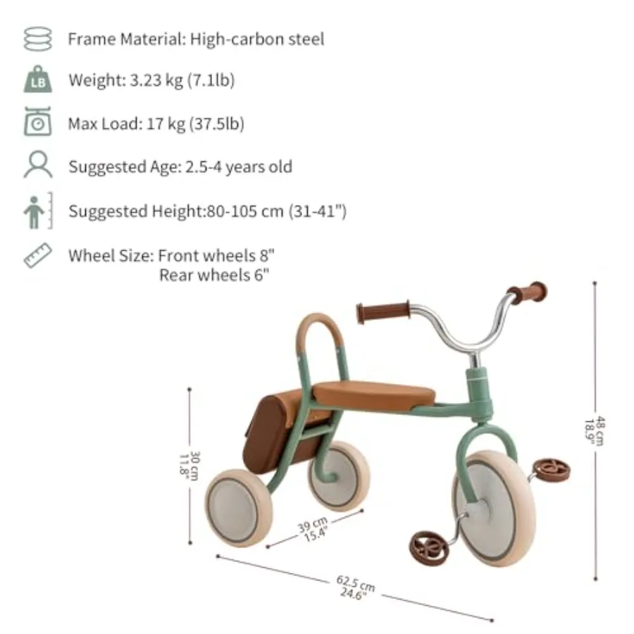 Rowerek trójkołowy dla malucha w wieku 2,5-4 lat, prezent na pierwsze urodziny dziecka, zabawka rowerowa z uchwytami na kierownicę i schowkiem do zabawy na świeżym powietrzu (zielony)