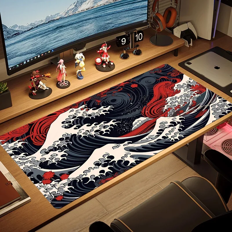 Large  Anime Mouse Pad XXL Gaming Mat Office Desk Carpet  Blue Wave Custom Japan Mousepad Tablet Gamer PC Table Mat 900x400