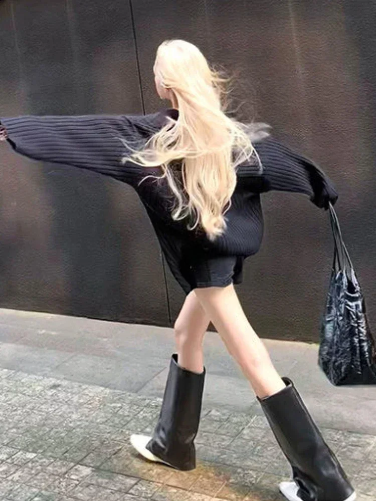 Y2k Estetica Stampa vintage Pullover larghi Casual Grunge Harajuku Maglioni con scollo a V con spalle scoperte Maglioni tutti abbinati Moda coreana