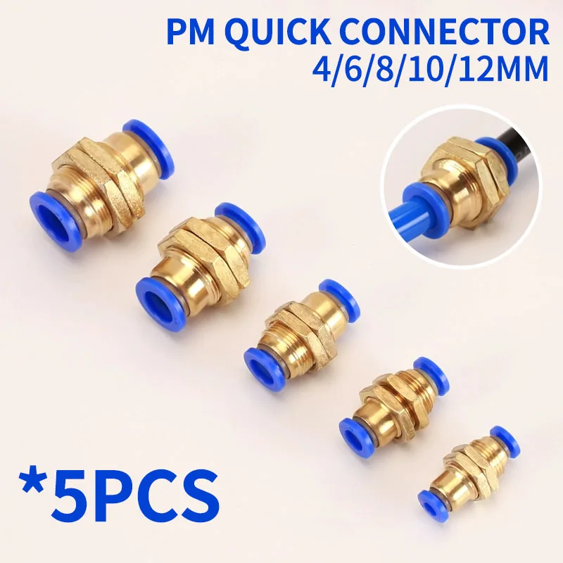 5PCS 4mm 6mm 8mm 10mm 12mm OD Tube PM Straight Pneumatic Air Fittings bulkhead union Push To Connect Quick Release Connector