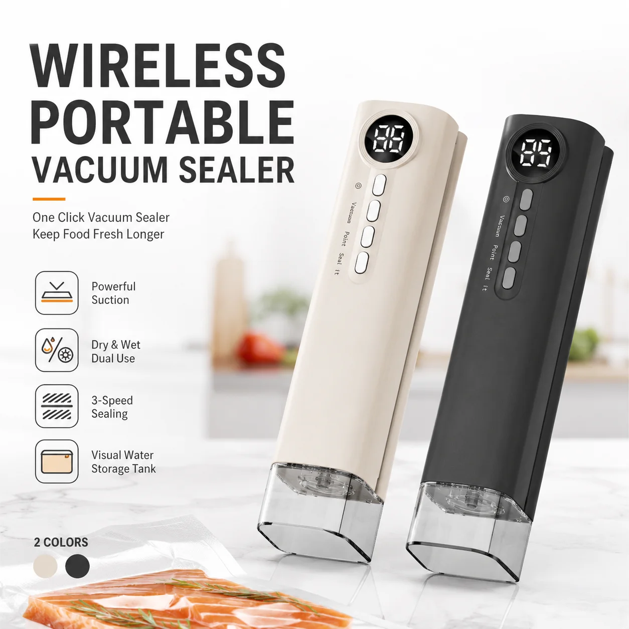 Cordless Rechargeable Vacuum Sealer Machine-90W Strong Suction ≥-62kPa, Fully Automatic Food Sealer for Dry/Moist Food