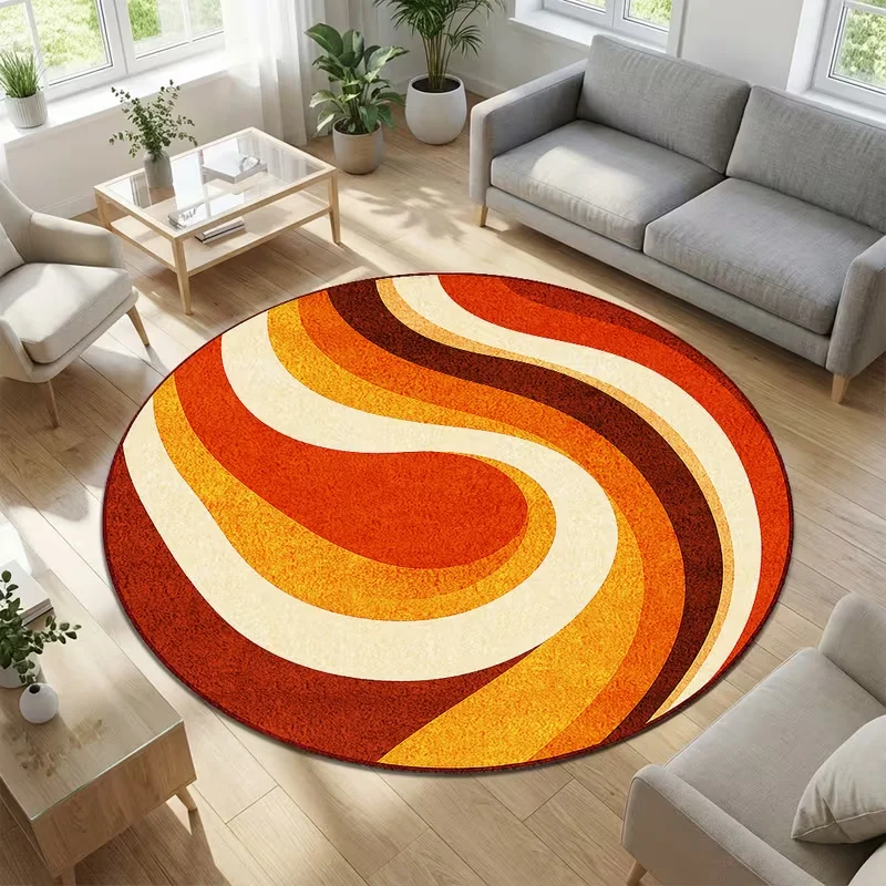Modern Minimalist Geometric Line Round Rug Non Slip Circle Mat Morandi Color Block Print Soft Carpet for Bedroom Sofa Decor Rug