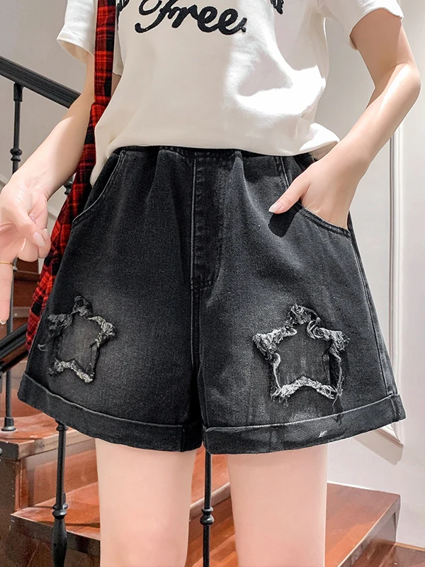 Black Star Embroidered Loose High Waist Wide Leg plus Size Women's Jeans Shorts Casual Straight Leg High Waist Denim Shorts