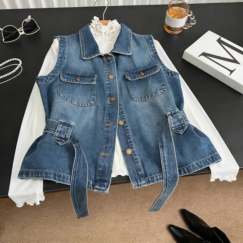 Retro Trendy Strap Belt Denim Vest Coat Women's Denim Jacket Top New 2026 Spring Autumn Casual Lapel Collar Jeans Outwear