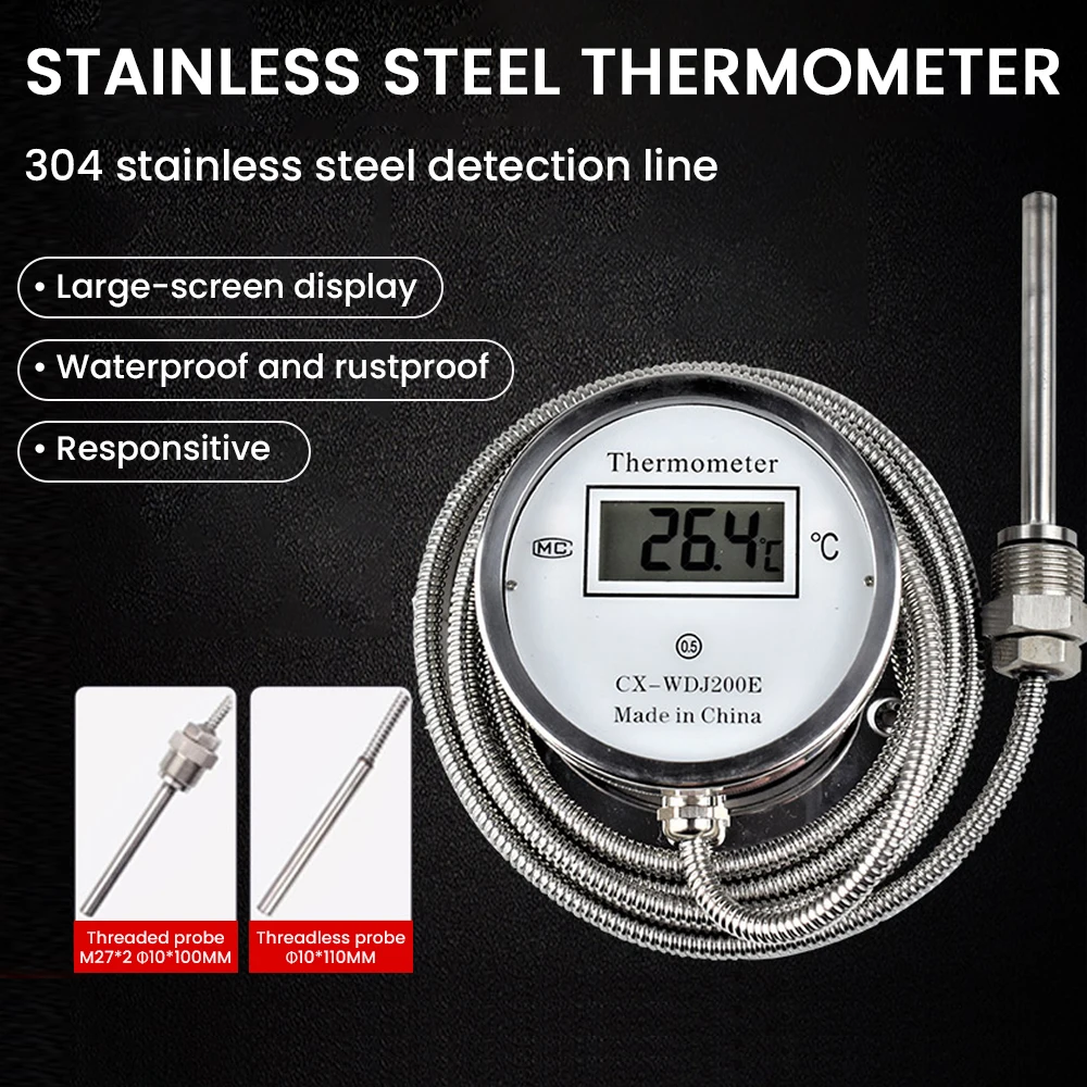 Stainless Steel Temperature Humidity with Display Sensor Industrial Thermometer with Threaded Probe Acid Alkali Resistant