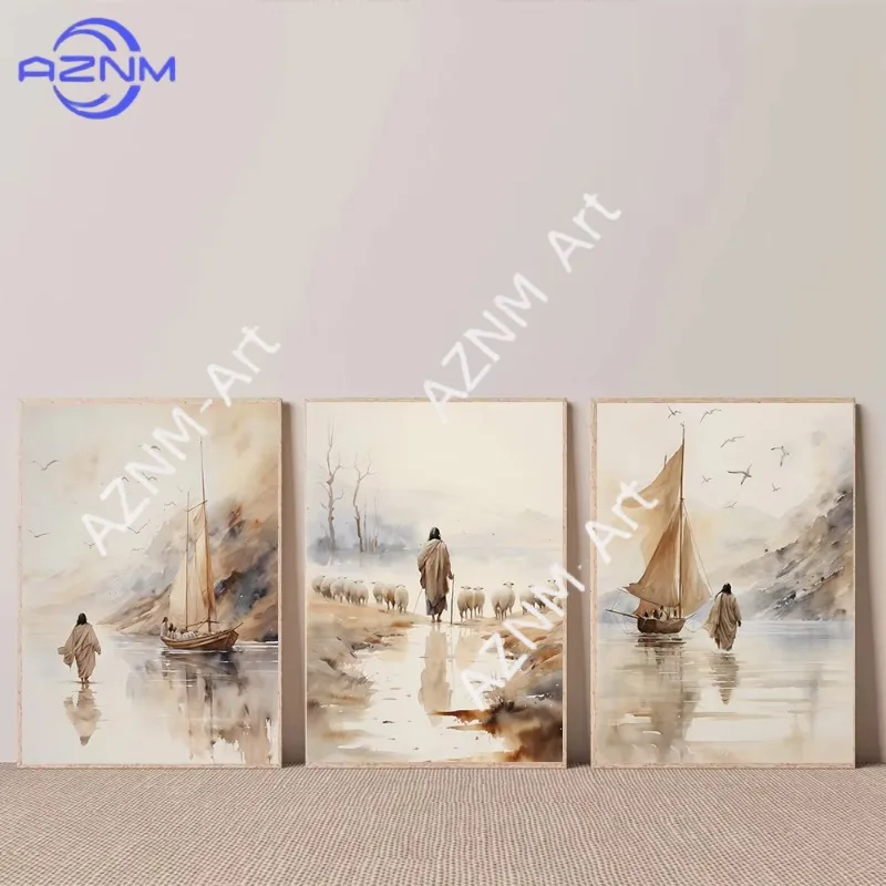1/3 Stück Jesus Gehen auf dem Wasser Kunstposter Bibel Aquarell Christlicher Gott Hirte Kreuz Leinwandgemälde Wandkunst Wohnzimmer Heimdekoration